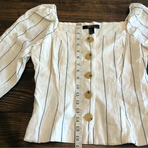 Boho Linen Square Neck Puff Sleeve Pin Striped Cropped Top Women’s Small Cream - Picture 8 of 10